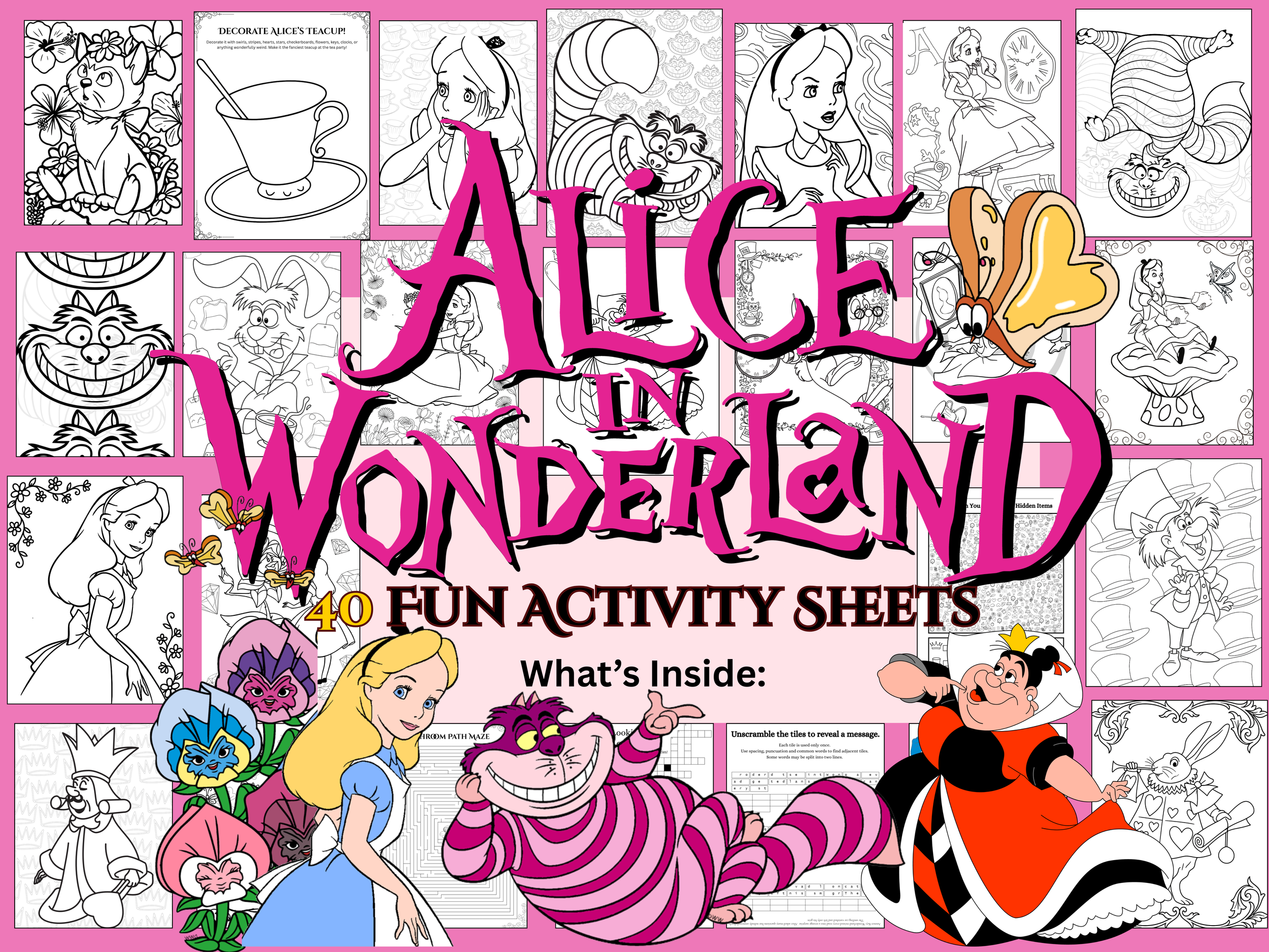 Alice in Wonderland Activity Sheets – 40 Pages Puzzles, Games (Digital Download)  Print and Tablet Friendly