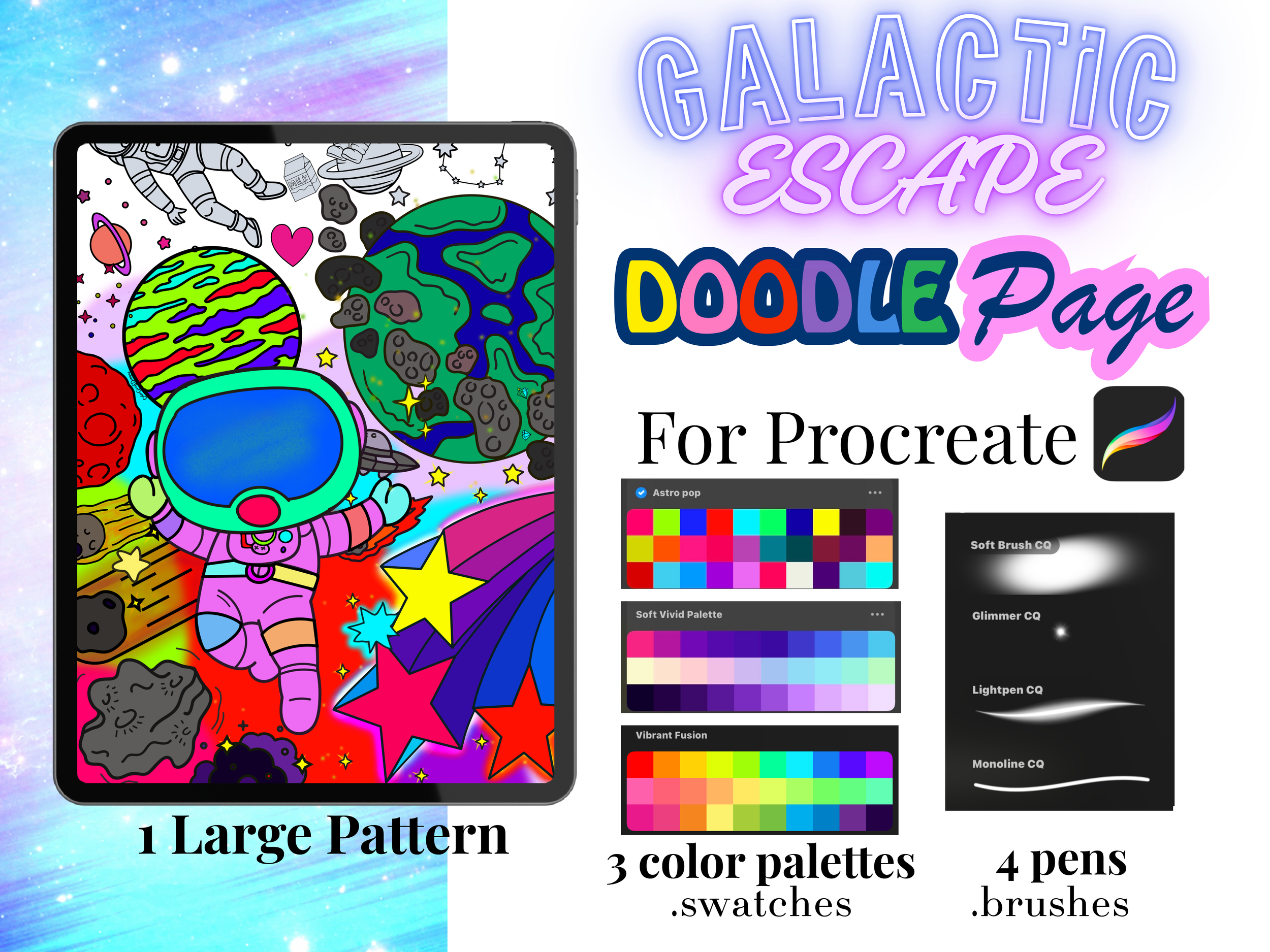 Galactic Escape Doodle Coloring Page | Tablet and Procreate Ready Bundle (Digital Download)