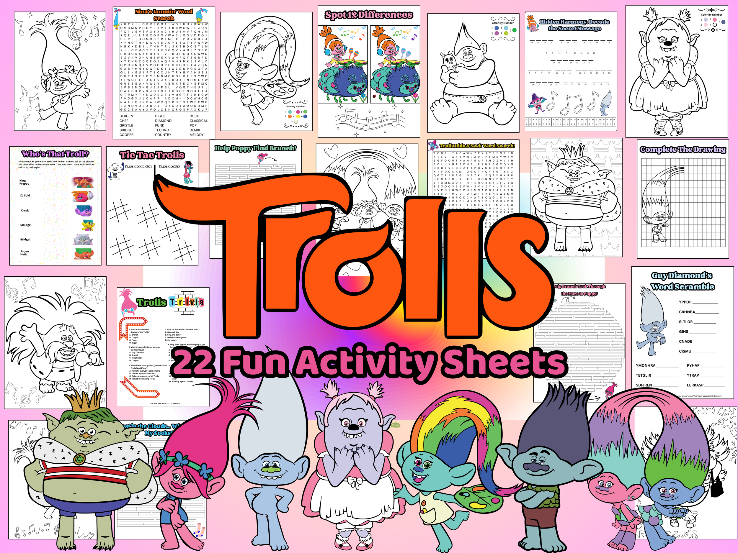 Trolls Activity Party Sheets - 22 Pages of Puzzles & Coloring (Digital Download) Print and Tablet Friendly