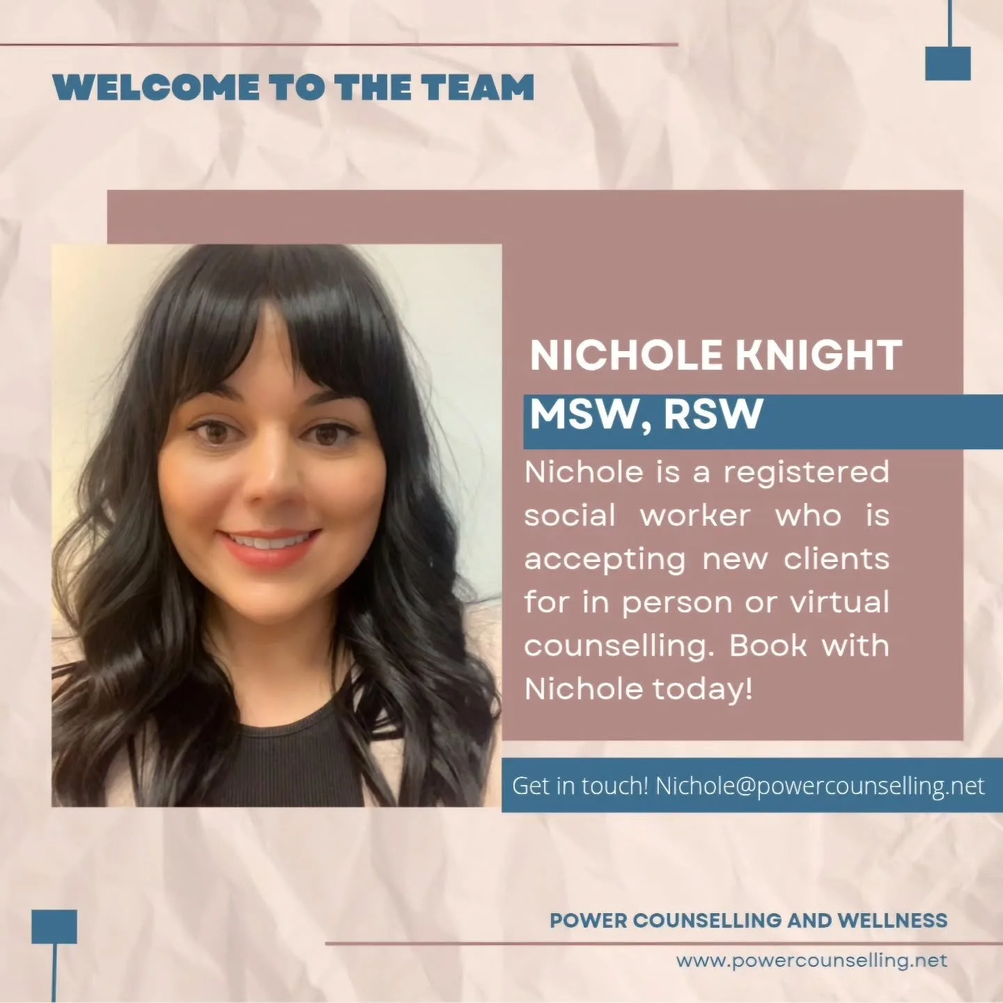 Warm welcome to our newest member of the team, Nichole!  Nichole brings a wealth of knowledge and skills and is happy to accept new clients.  You can view her bio on our website and book in online!  Www.powercounselling.net