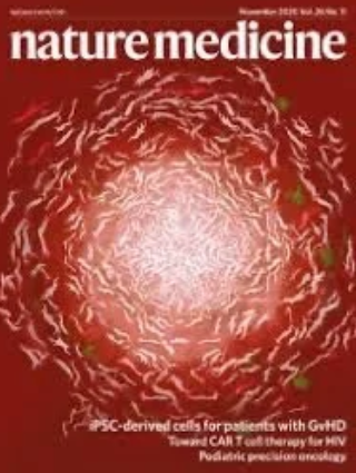 Cover of 'Nature Medicine' magazine with a red background and a circular, textured white pattern resembling a biological or cellular structure, and green highlights.