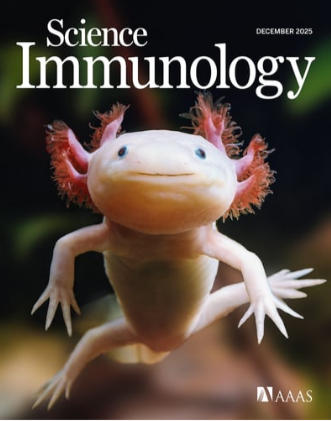 Cover of Science Immunology magazine featuring a close-up photo of a newt with a natural background.