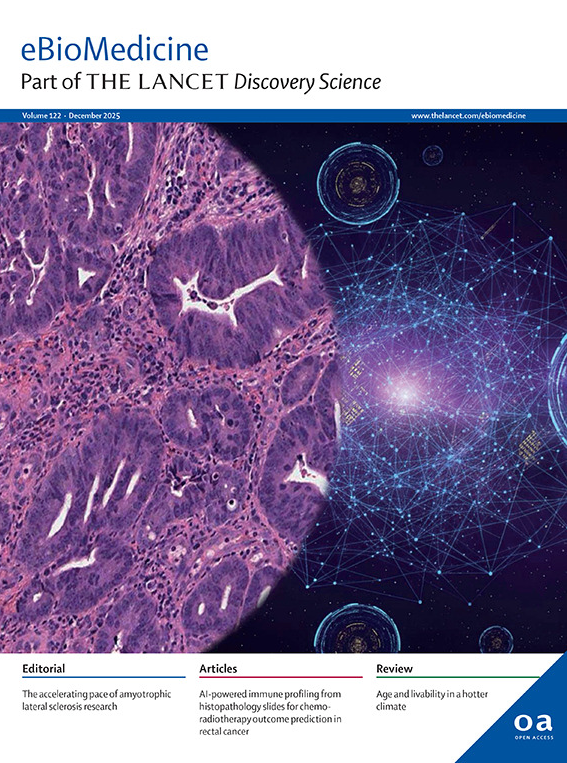 Cover of eBioMedicine journal, December 2023, showing a microscopic view of tissue on the left, and a digital network visualization on the right, with the journal title and publication details at the top.