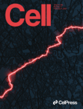 Cover of Cell magazine featuring a dark background with a red lightning bolt and tree branches, with the title 'Cell' in large red letters.