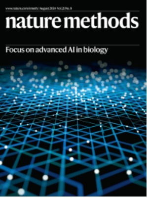 Cover of Nature Methods journal with the headline 'Focus on advanced AI in biology' and a graphic of a digital grid with glowing data points.