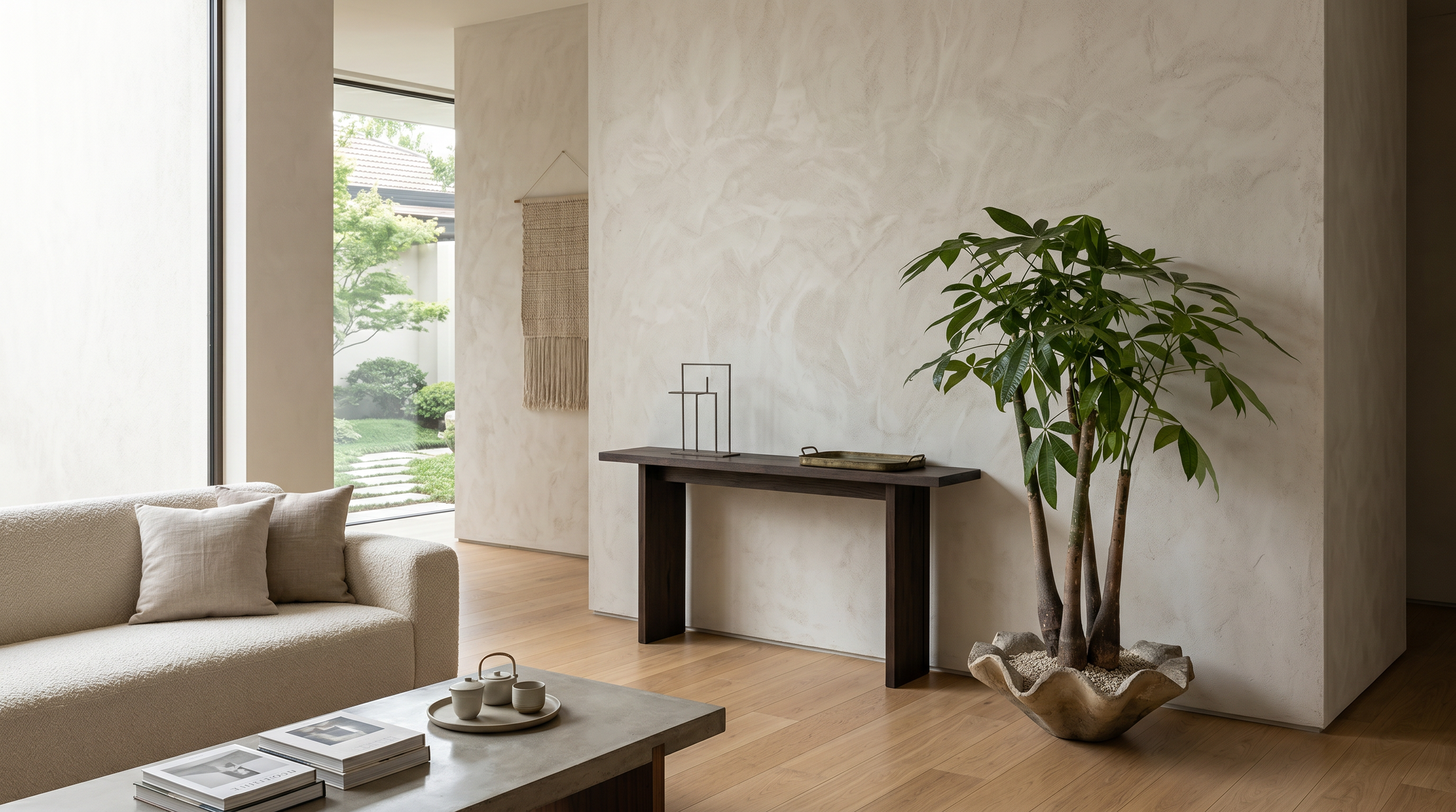 Minimalistischer Wohnraum mit exklusiver Zimmerpflanze in antikem Keramiktopf, kuratierten Pflanzgefässen und hochwertigem Interior Styling von arb Landschaftsarchitektur.