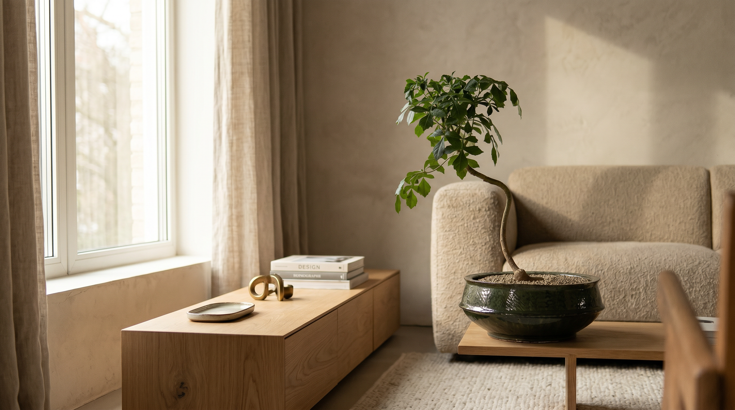 Skulpturale Zimmerpflanze in einem Kelly Wearstler Pflanzgefäss auf Holztisch in hochwertigem Wohnraum mit natürlichem Interior Styling von arb Landschaftsarchitektur.