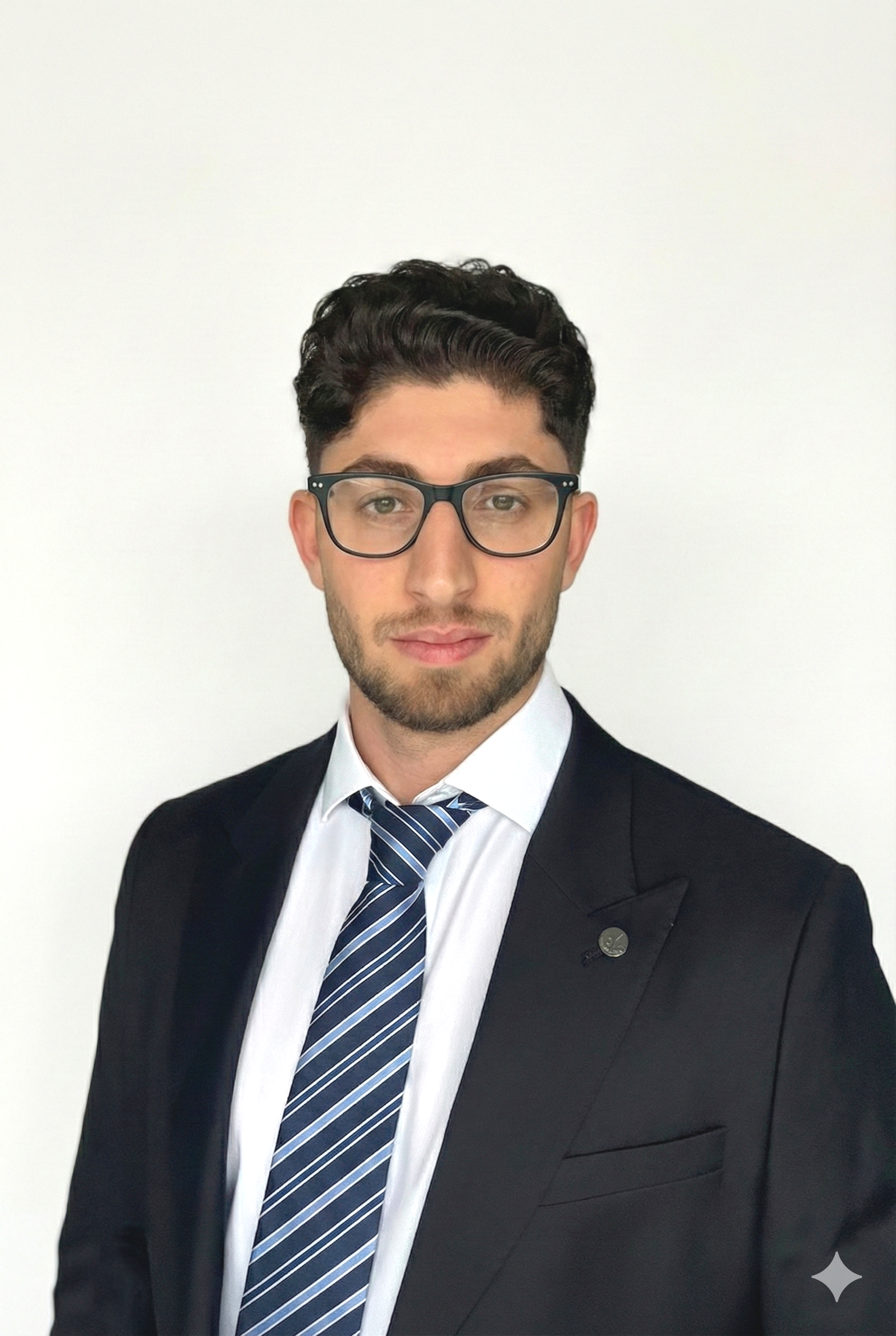 Junger Mann in formeller Kleidung, dunkler Anzug, Krawatte, Brille, vor weißem Hintergrund.