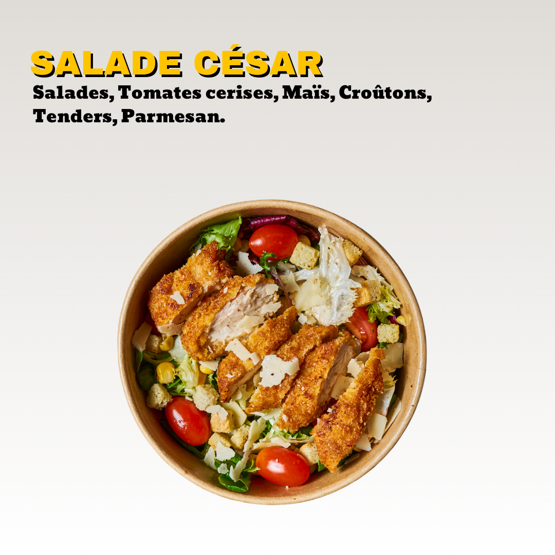 Salade César en bol avec tomates cerises, croûtons, maïs, morceaux de poulet croustillant, Parmesan, laitue. Toute notre carte est halal.