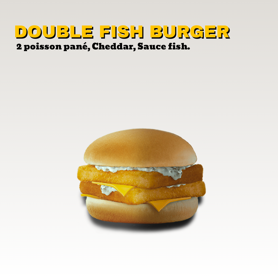 Un burger fait avec deux filets de poisson panés, fromage cheddar, sauce, dans un pain bun. Toute notre carte est halal.