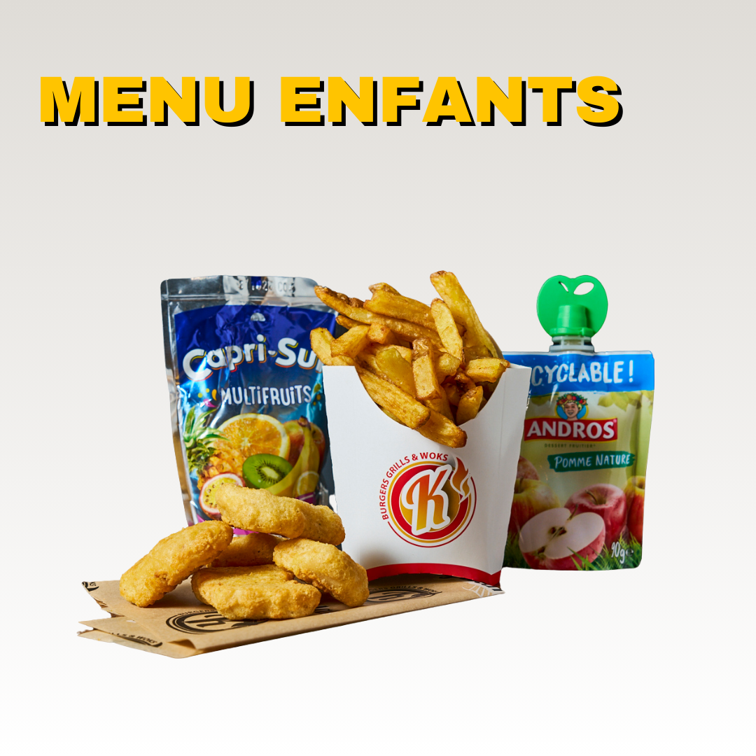 Un menu de restauration rapide pour les enfants avec des nuggets de poulet, des frites maison, un jus de fruit et une compote de pommes. Menus halal.