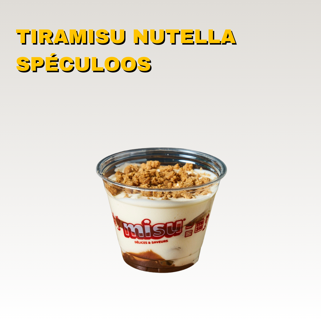 Un pot de tiramisu Nutella avec des spéculoos en haut. Toute la carte est halal.