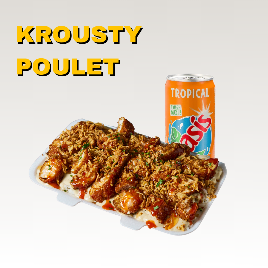 crousty poulet comprenant du riz, du poulet pané maison croustillant avec de la sauce, des oignons frit, accompagnée d'une canette de soda oasis tropicale. Menus halal.