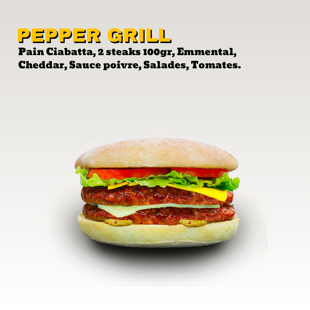 Un hamburger avec de la salade, une tranche de tomate, du fromage cheddar, deux steaks hachés de 100gr, et une sauce poivre dans un pain ciabatta. Toute notre carte est halal.