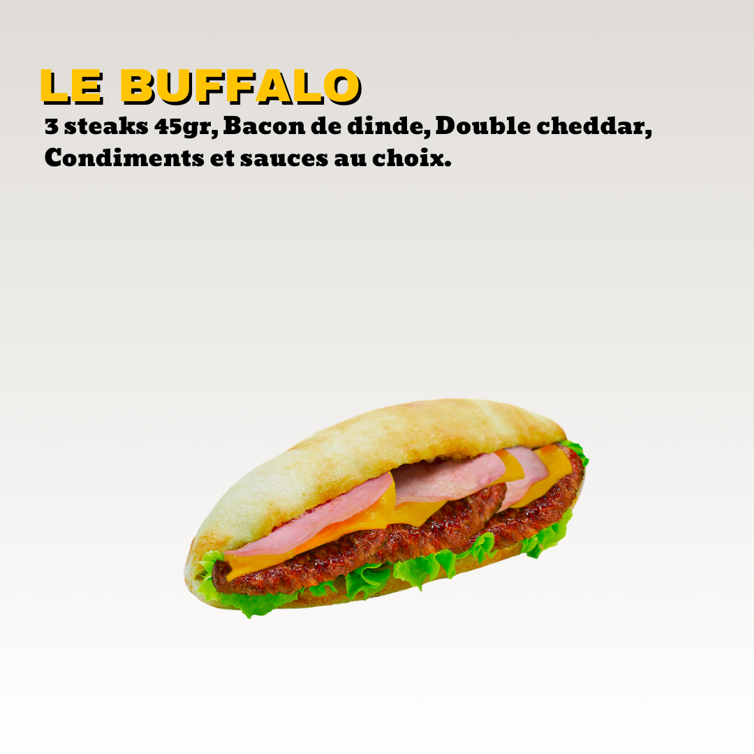 Un sandwich avec des steak de boeuf 100gr, bacon de dinde, fromage cheddar, laitue dans un pain maison. Toute notre carte est halal.