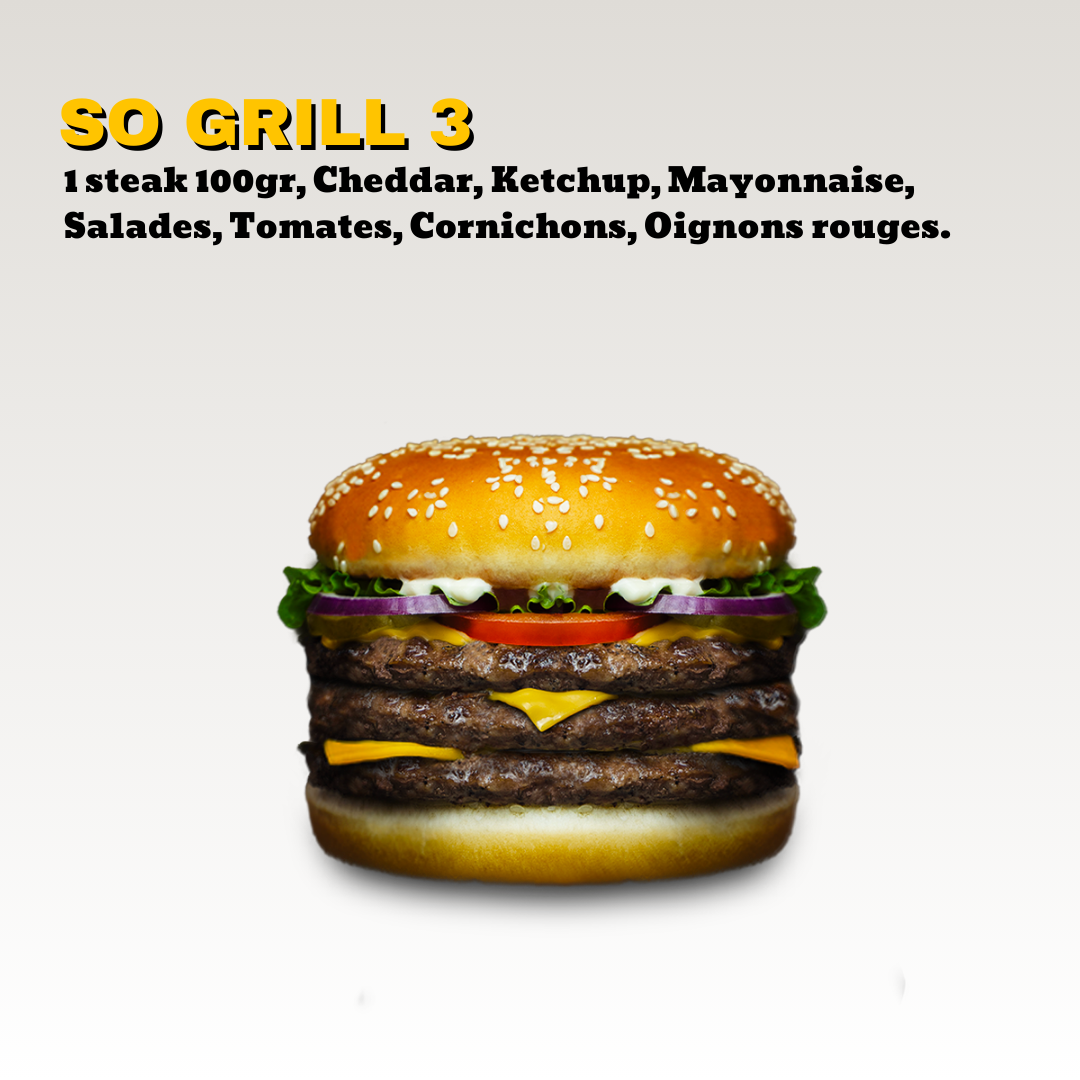 Un plusieurs avec trois steaks 100gr, tomate, oignons rouge, cheddar fromage, et sauce ketchup & mayonnaise dans un pain avec graines de sésame. Toute notre carte est halal.