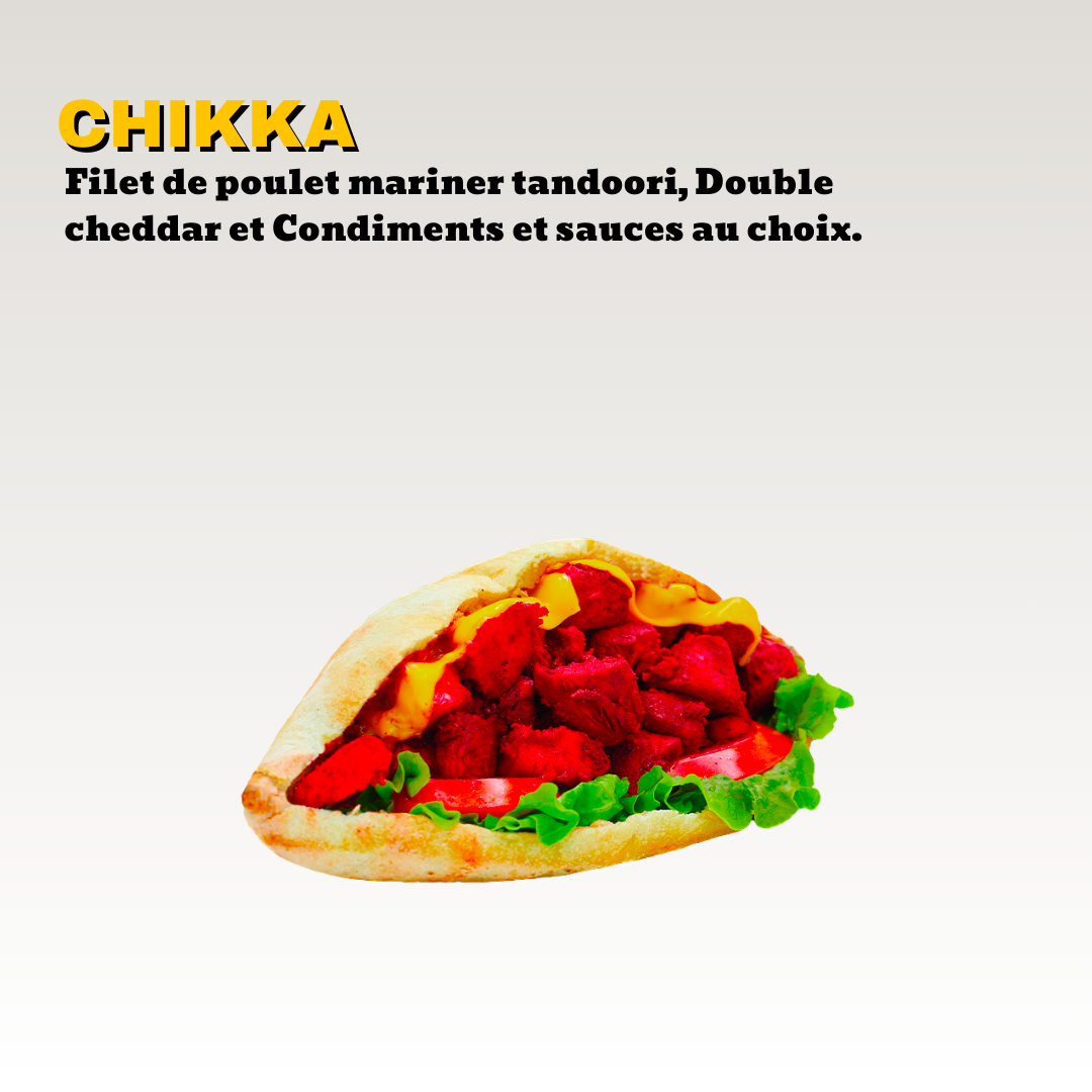 Un sandwich pain maison rempli de morceaux chikka tandoori, de la laitue, de la sauce, du fromage de cheddar et de condiments. Toute notre carte est halal.