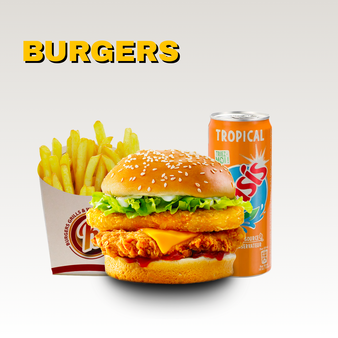 Un menu de restauration rapide comprenant un burger au poulet avec une galette de pomme de terre, de la laitue, du fromage, une sauce ketchup, des frites maison, et une canette de soda tropical. Sur un fond blanc. Menus halal.