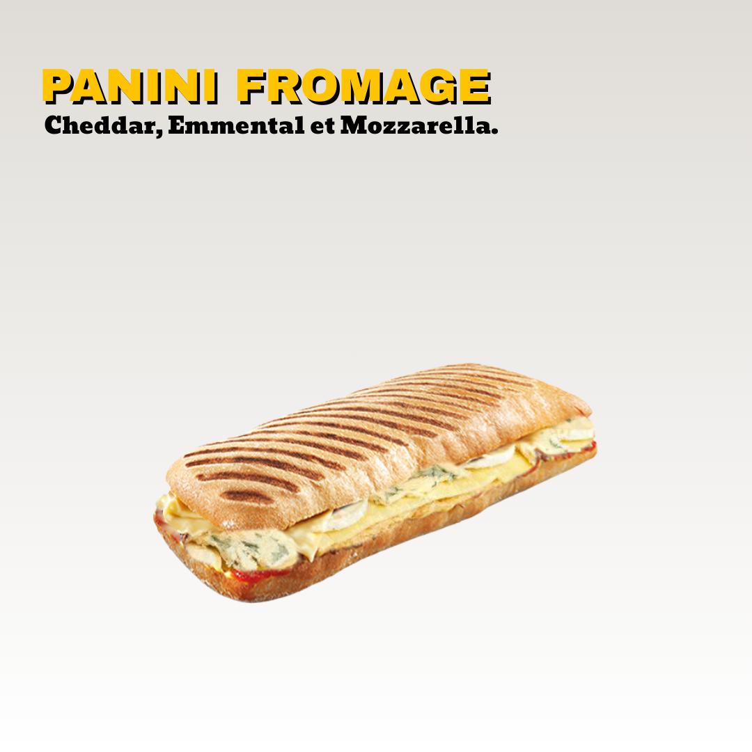 Sandwich panini fromage avec du cheddar, de l'emmental et de la mozzarella. Toute la carte est halal.