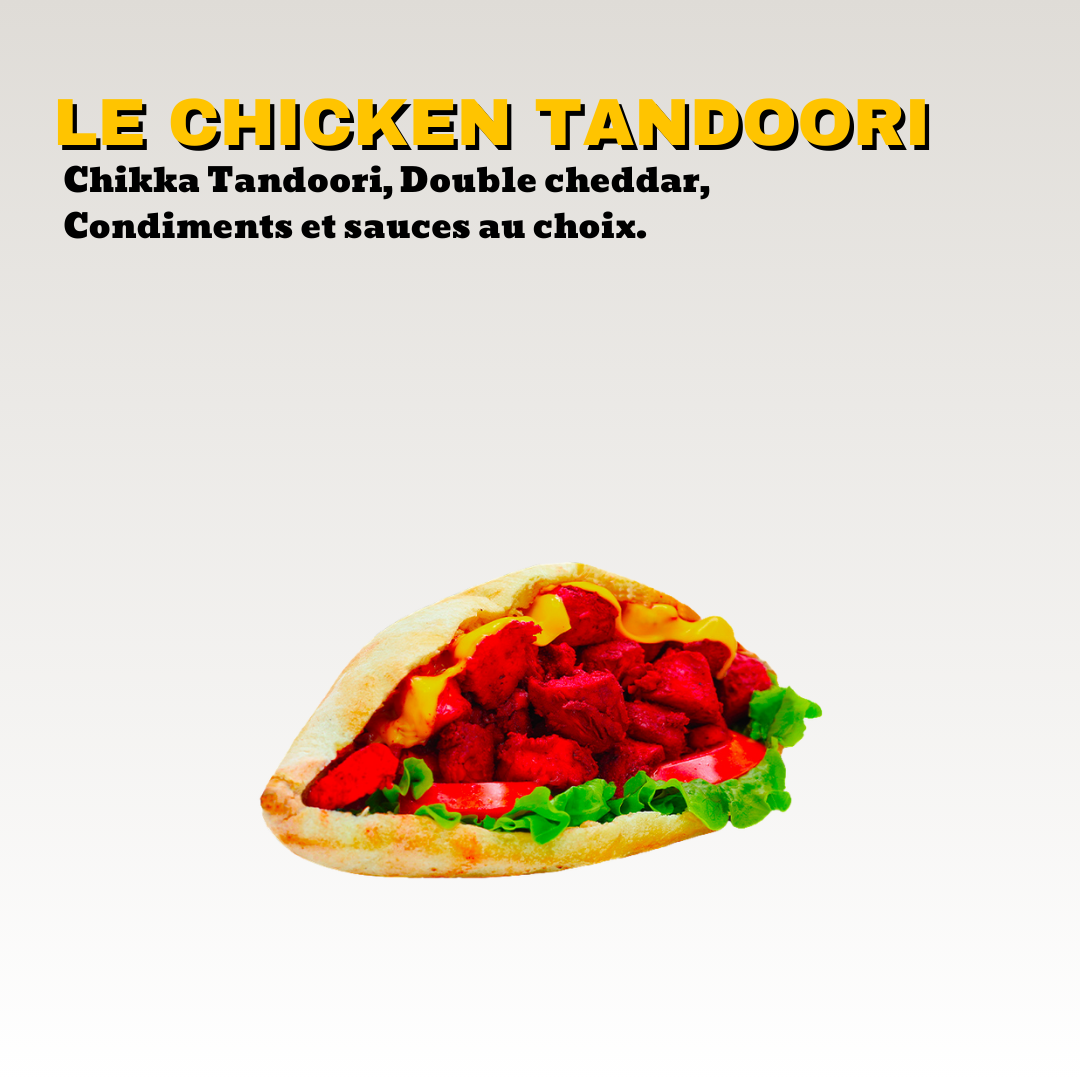 Un sandwich pain maison chikka tandoori avec de la laitue, de la sauce et des épices, présenté dans un style appétissant. Toute notre carte est halal.