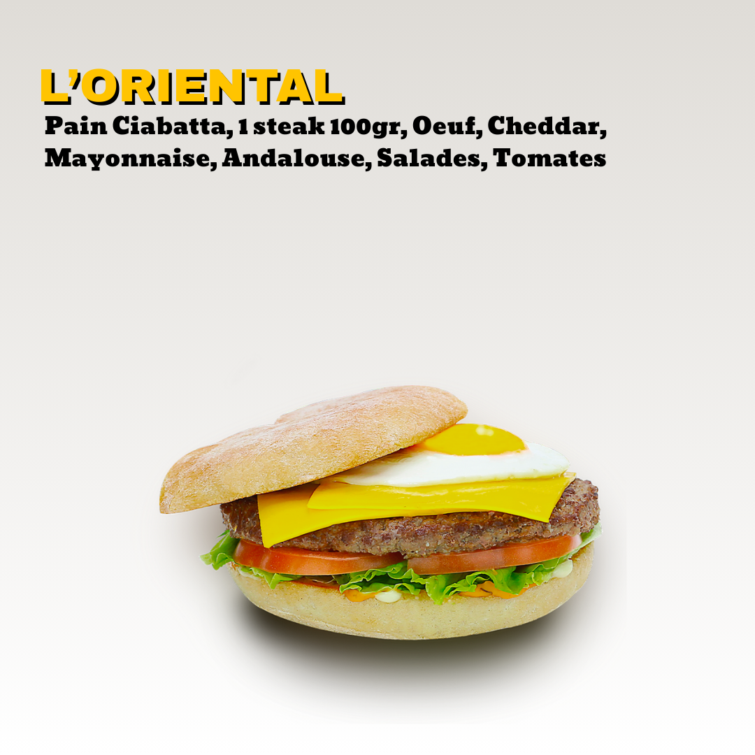 Sandwich avec pain ciabatta, un steak 100gr, un œuf, du cheddar, mayonnaise, andalouse, salade et tomates. Toute notre carte est halal.