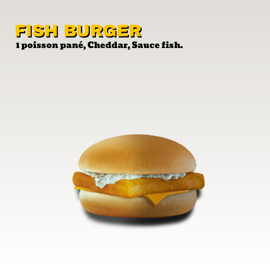 Burger au poisson avec du poisson pané, du cheddar, de la sauce fish dans un pain à burger. Toute notre carte est halal.