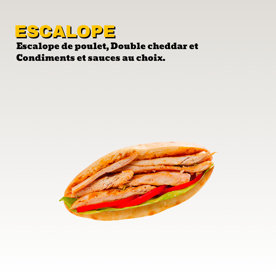 Un sandwich pain maison avec des escalopes, des tomates, de la laitue, et des sauces. Toute notre carte est halal.