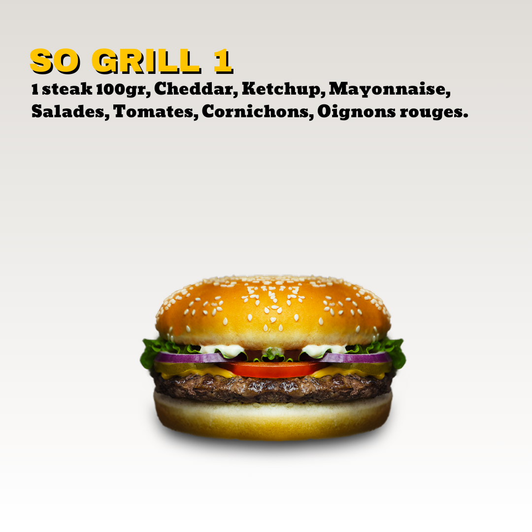 Un hamburger avec un steaks 100gr, du cheddar, de la laitue, une tranche de tomate, des oignons rouges dans un pain aux graines de sésame. Toute notre carte est halal.