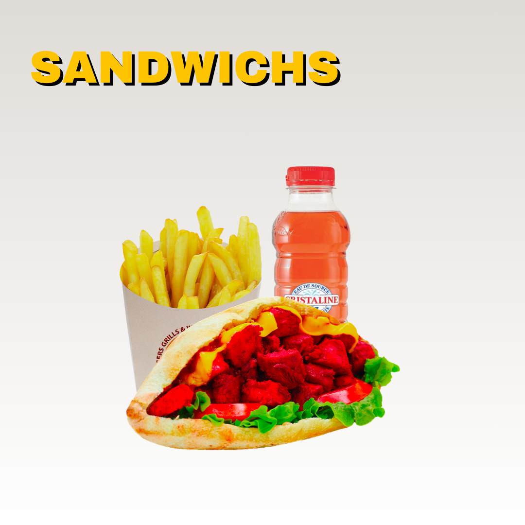 Un menu de restauration rapide avec un sandwich pain maison, de la salade, du chikka tandoori, de la sauce, une bouteille de cristalline fraise, des frites, et le mot 'SANDWICHS' en haut, dans une image promotionnelle. Menus halal.
