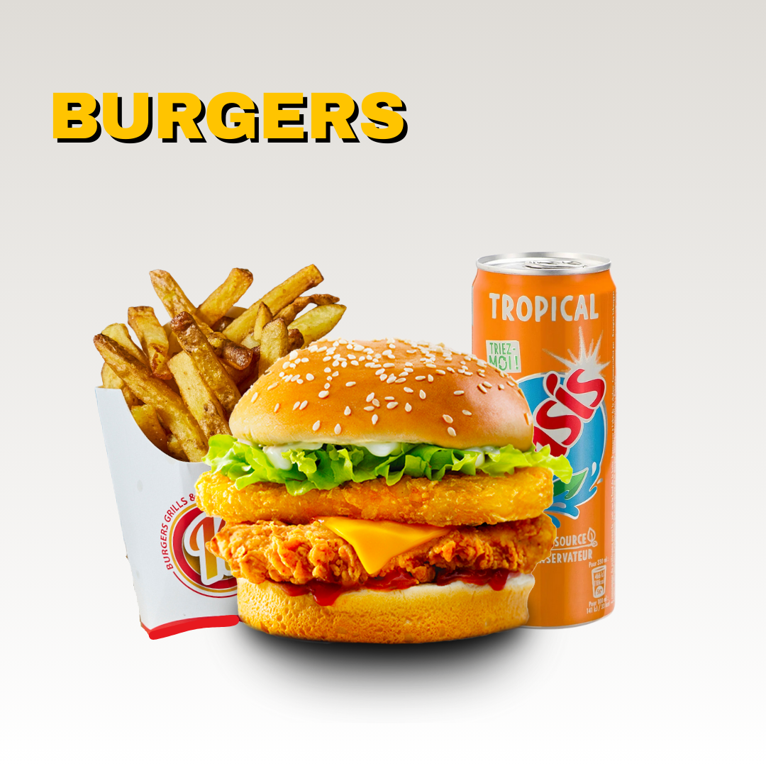 Un menu de restauration rapide comprenant un burger au poulet avec une galette de pomme de terre, de la laitue, du fromage, une sauce ketchup, des frites, et une canette de soda tropical. Sur un fond blanc. Menus halal.