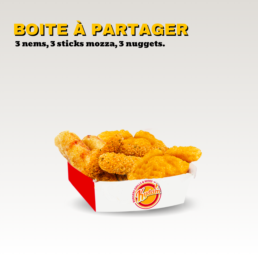 Une boîte de restauration rapide avec des nuggets, des bâtonnets de mozzarella et des nems, marquée du logo Kydam, avec le texte "Boîte à partager". Toute notre carte est halal.