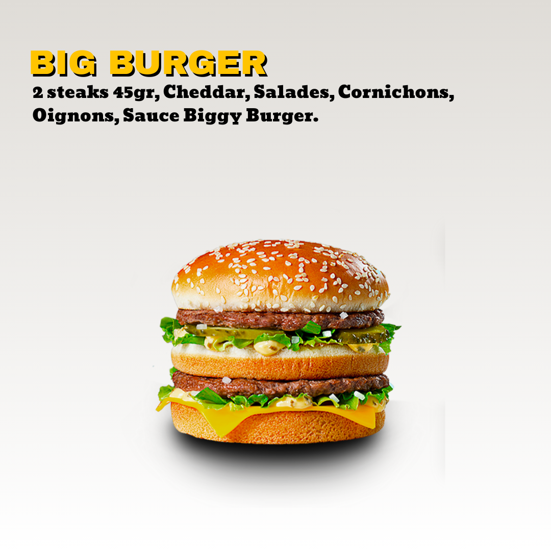 Une image d'un gros cheeseburger avec deux steaks de 45 grammes, cheddar, salades, cornichons, oignons frits et sauce Biggy Burger, sur un fond blanc. Toute notre carte est halal.