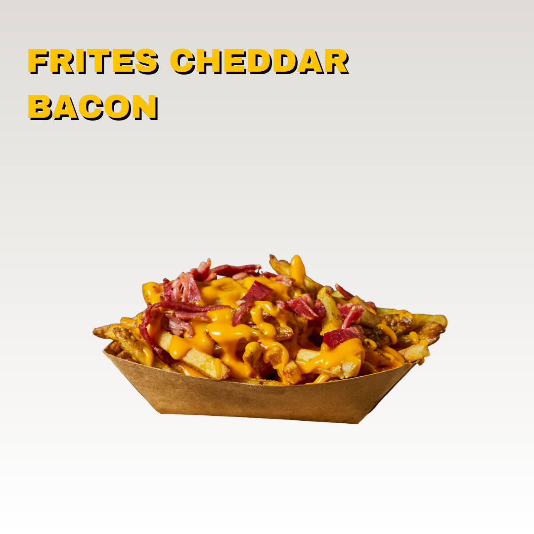 Frites maison chargées avec cheddar, du bacon de boeuf. Toute notre carte est halal.