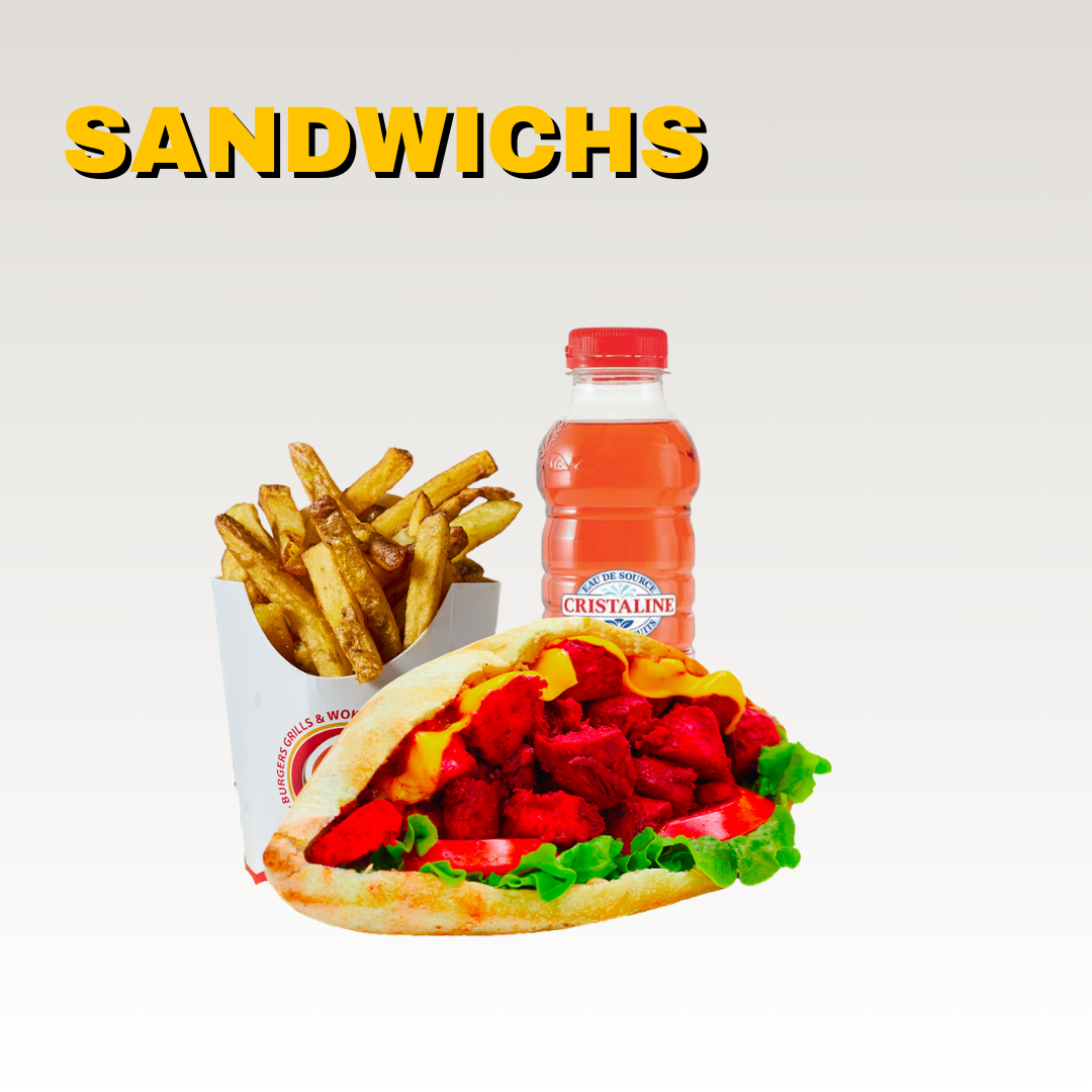 Un menu de restauration rapide avec un sandwich pain maison, de la salade, du chikka tandoori, de la sauce, une bouteille de cristalline fraise, des frites maison, et le mot 'SANDWICHS' en haut, dans une image promotionnelle. Menus halal.