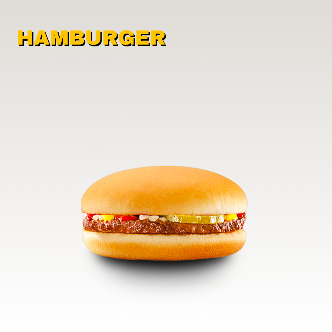 Un hamburger avec un bun, un steak, des cornichons, de la moutarde et du ketchup, sur fond blanc. Toute la carte est halal.