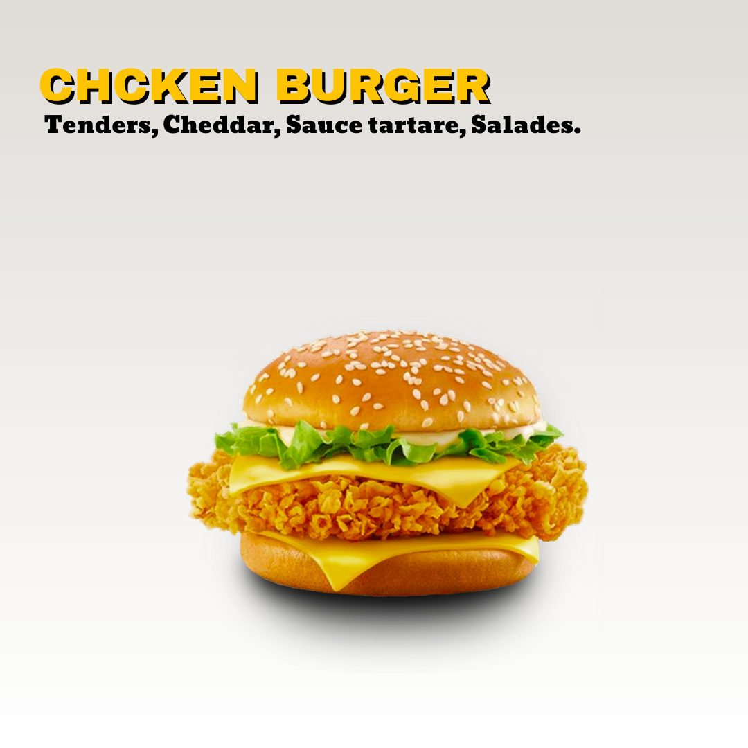 Un burger au poulet frit avec du cheddar, de la laitue dans un pain à graines de sésame. Toute notre carte est halal.