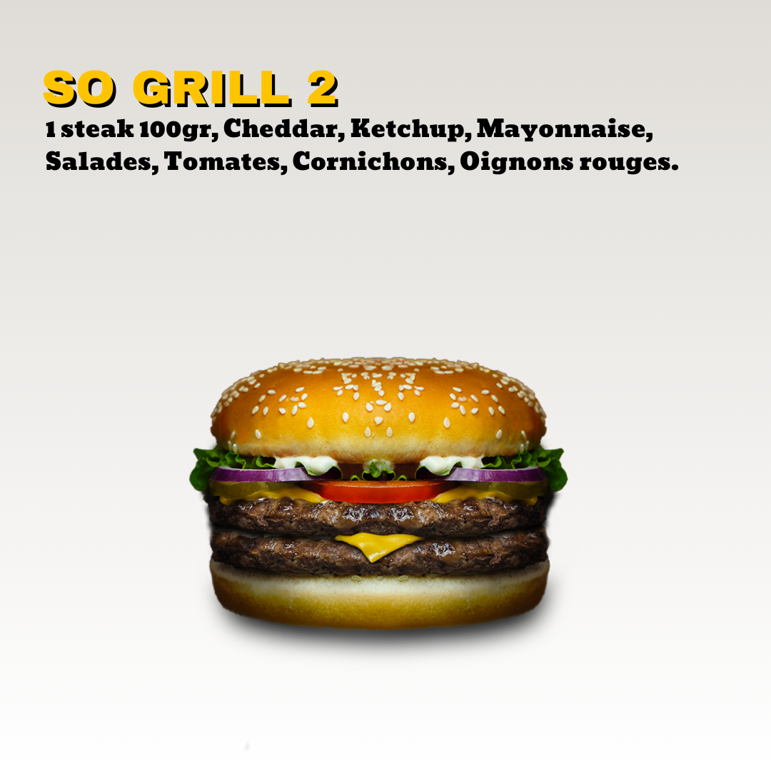 Un burger avec deux steaks hachés de 100gr, fromage cheddar, tomate, oignons rouges, salade, ketchup, mayonnaise dans un pain au sésame. Toute notre carte est halal.