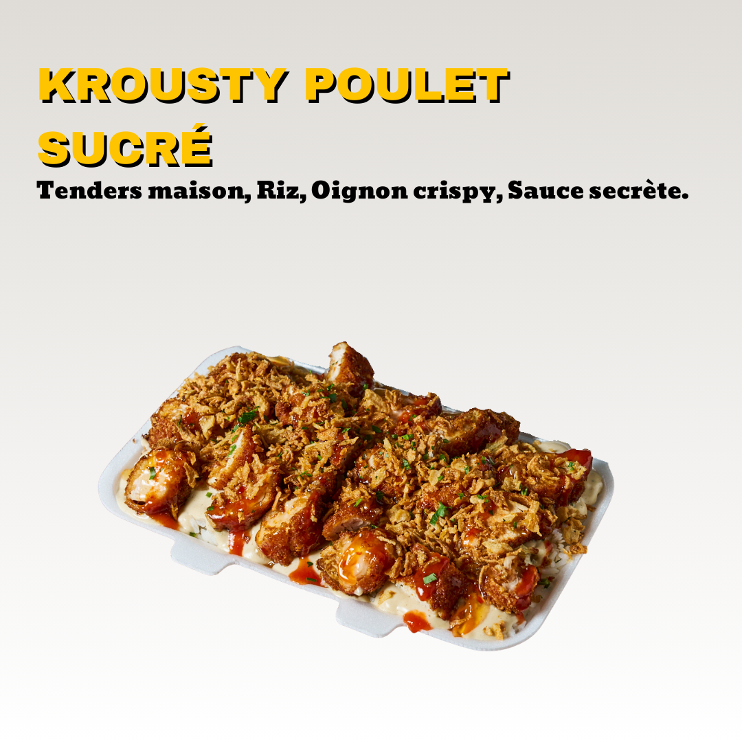 Plat crousty poulet avec du riz, du poulet frit fait maison, sauce secrète, sauce sucré & piquante, oignons frits, persil servi dans un contenant à emporter en polystyrène. Toute notre carte est halal.