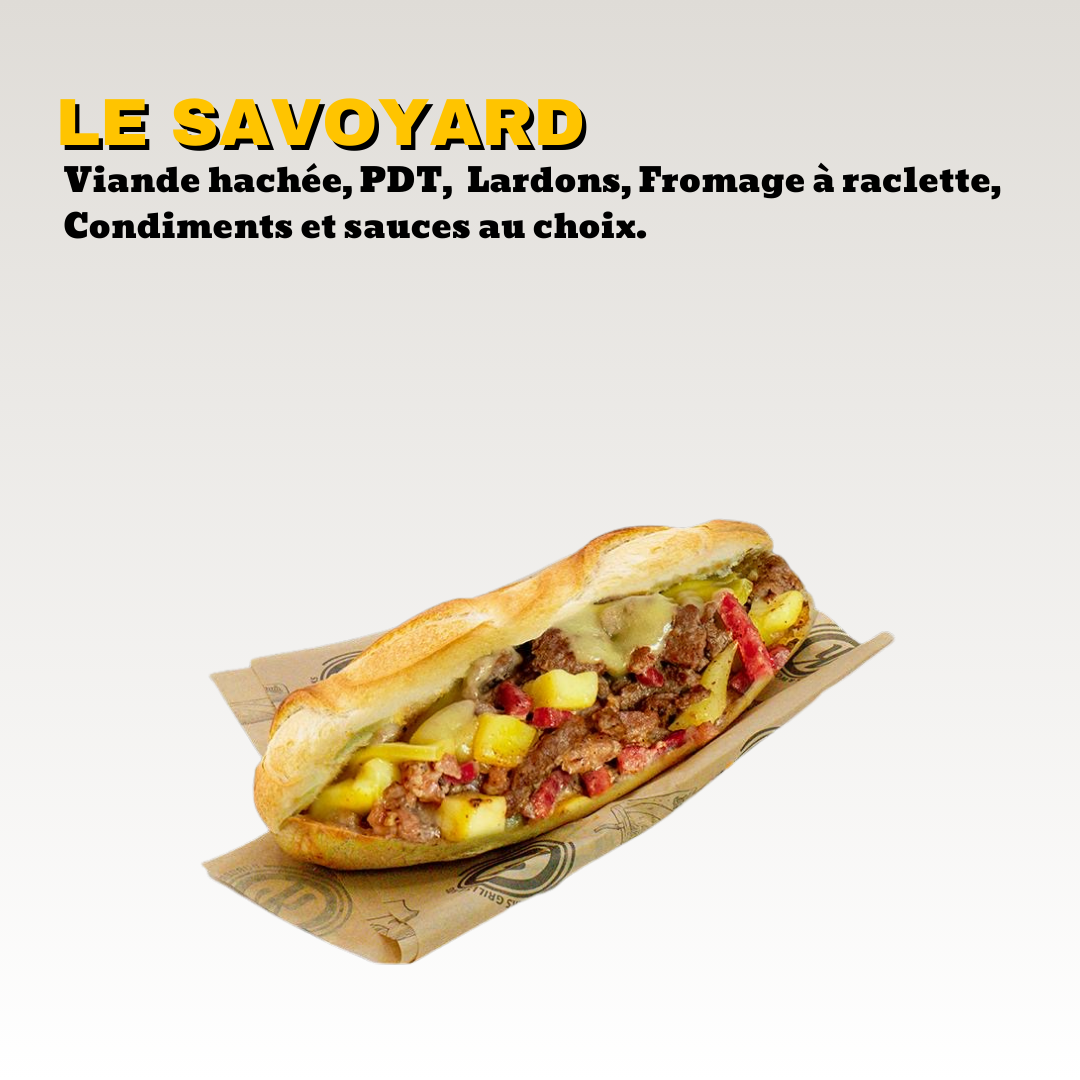Sandwich baguette avec des pommes de terre, du steak hachée, des lardons, du fromage à raclette, des condiments et des sauces. Toute notre carte est halal.