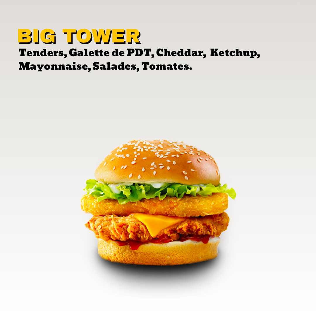 Un burger avec un pain saupoudré de graines de sésame, de la laitue, une galette de pomme de terre, un filet de poulet frit, une tranche de fromage cheddar, de la mayonnaise et du ketchup. Toute notre carte est halal.