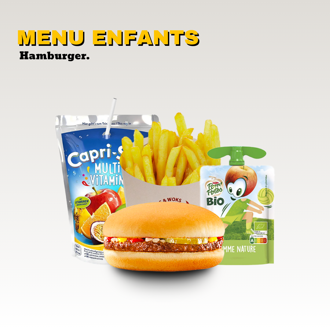 Un menu pour enfants comprenant un hamburger, des frites, un jus de fruit Capri-Sun, et une compote de pomme. Toute la carte est halal.