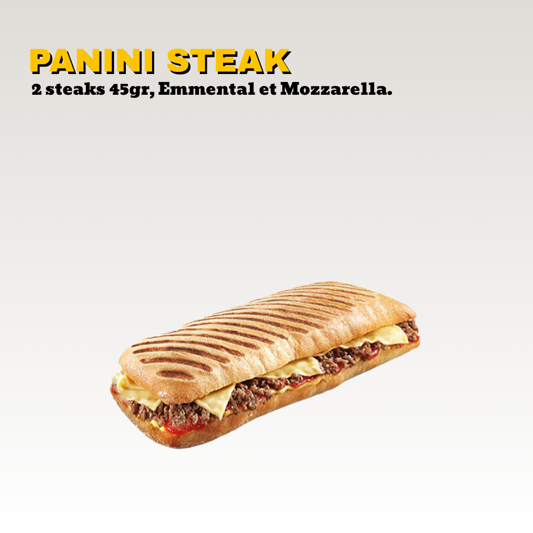 Sandwich panini steak avec deux steaks de 45 grammes, emmental et mozzarella, présenté sur une surface blanche. Toute la carte est halal.