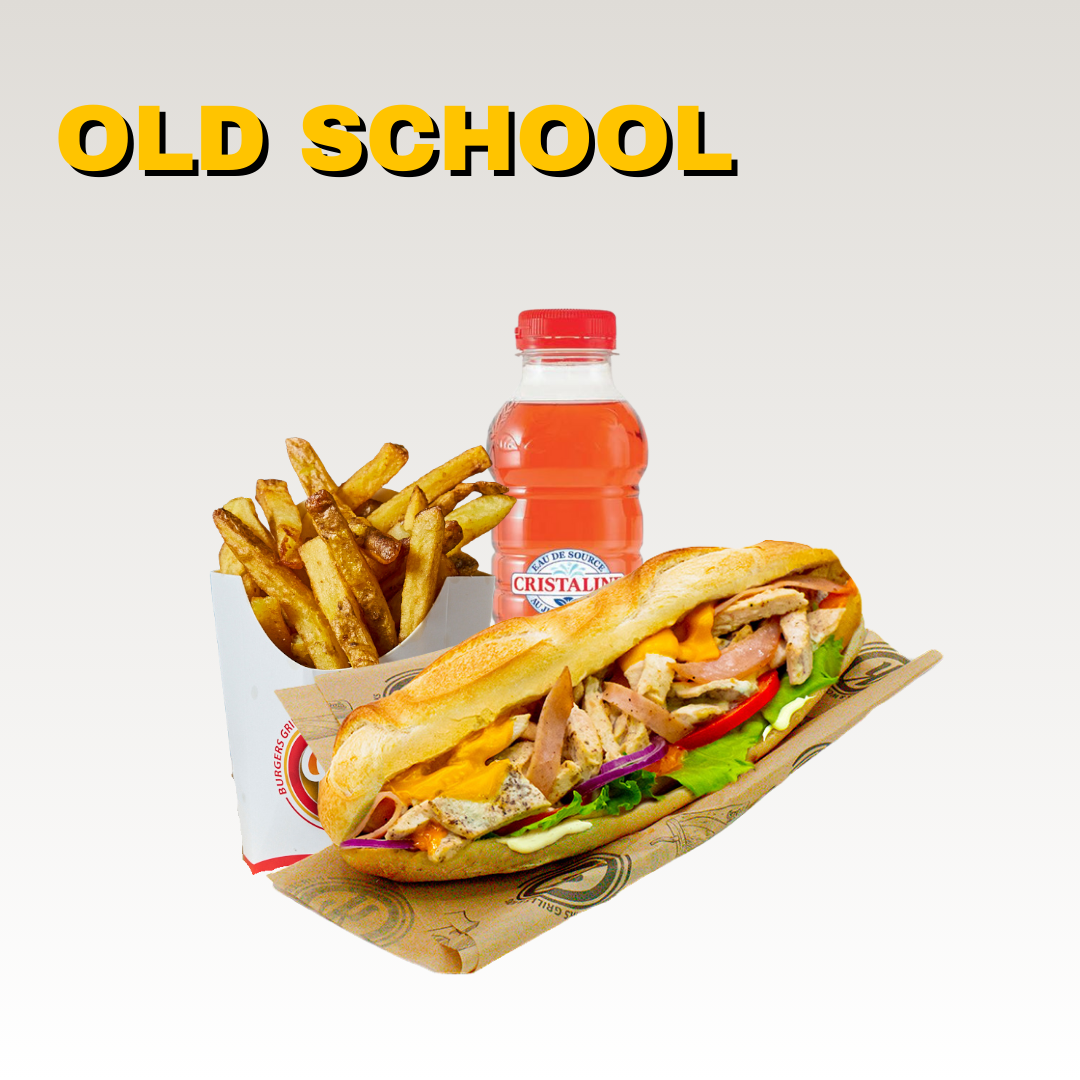 Un menu de restauration rapide comprenant un sandwich baguette avec des frites maison et une bouteille de cristalline fraise, sur un fond blanc avec le texte "OLD SCHOOL" en haut. Menus halal.