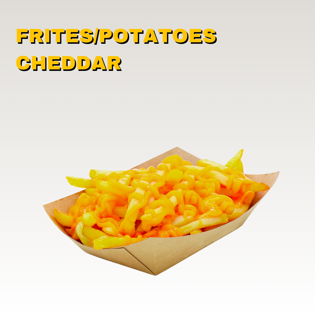 Un plat de frites avec du fromage cheddar fondu, servi dans un plateau en carton. Toute la carte est halal.