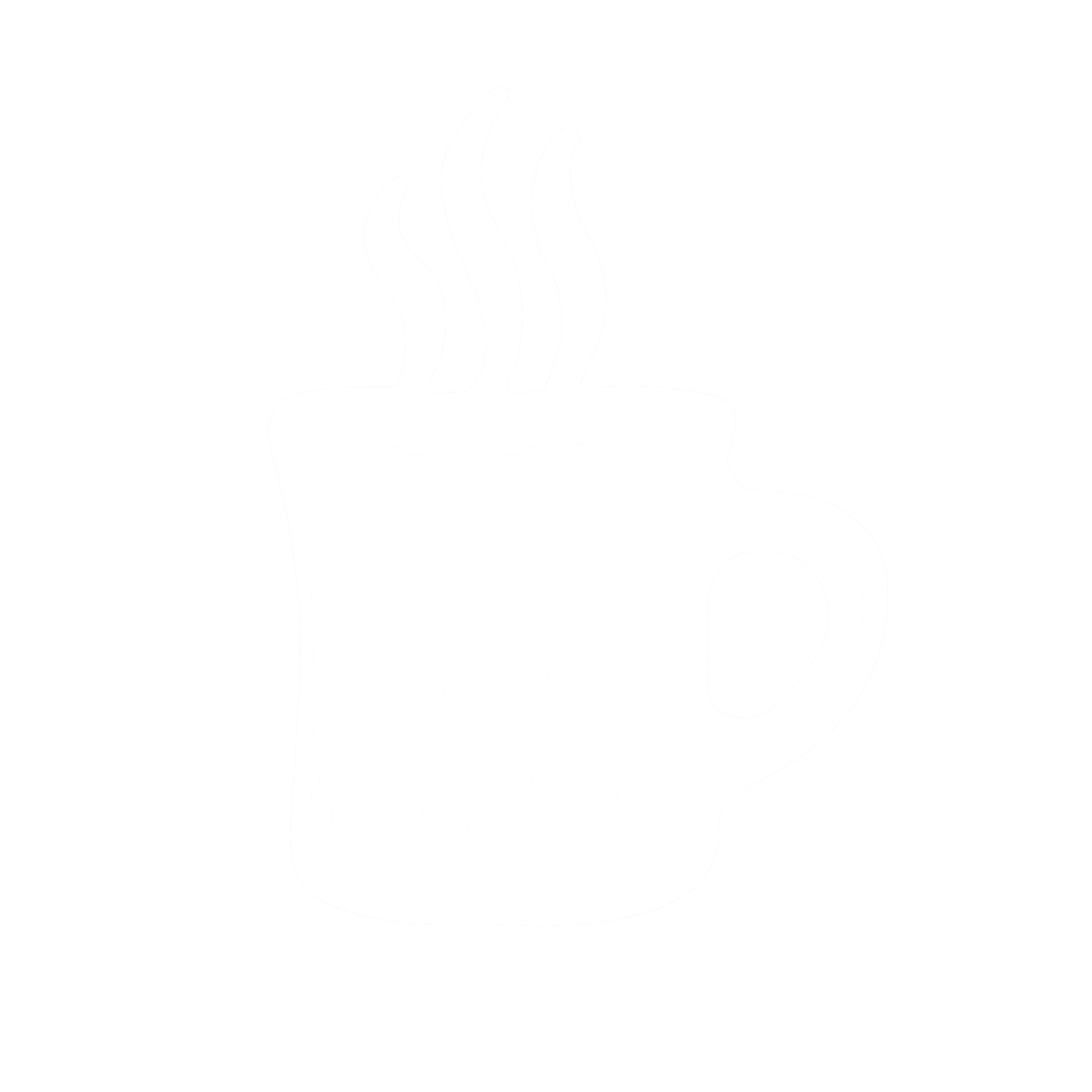 Black-and-white illustration of a coffee mug with steam rising from it, saying 'Top-Notch Coffee' on the mug.