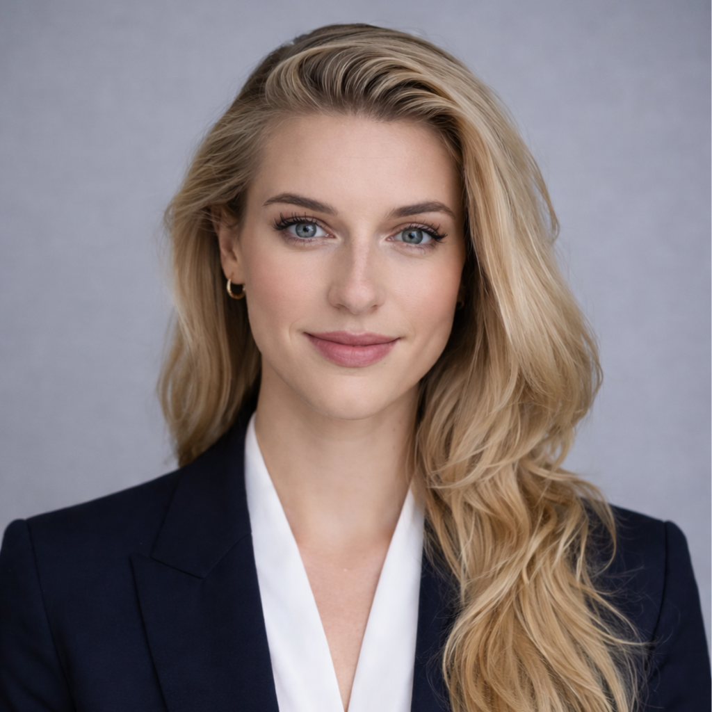 Headshot of a woman with long blonde hair, green eyes, wearing a dark blazer and white shirt, smiling against a neutral background.