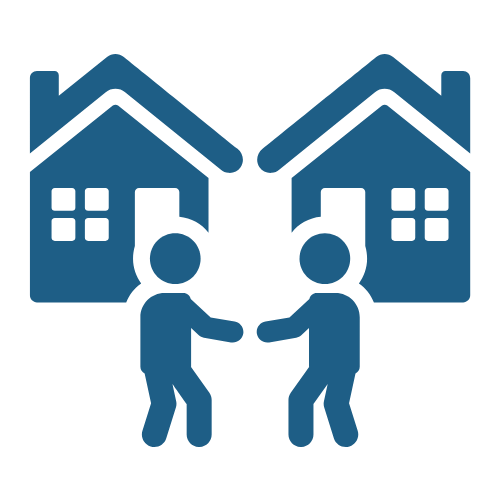 Two people shaking hands in front of two houses, symbolizing home agreement or partnership.