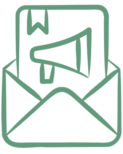 Outline of an open envelope with a megaphone emerging from inside, featuring a bookmark on the upper left.