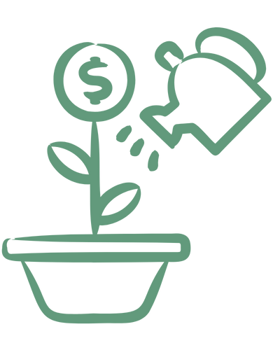 A line drawing of a plant in a pot with a dollar sign on a circular leaf, being watered with a watering can.