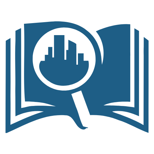 Open book with magnifying glass focusing on a bar graph and a city skyline silhouette inside the magnifying glass.